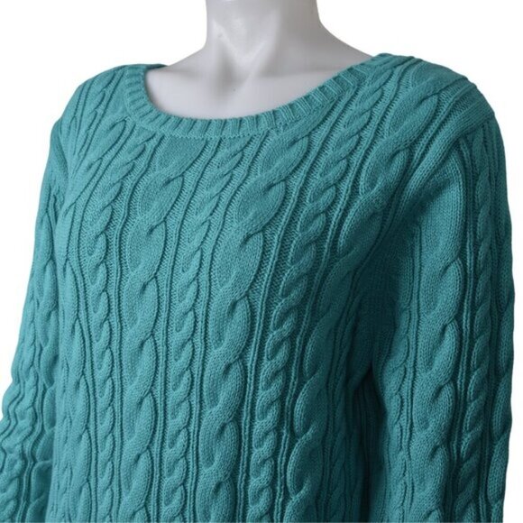 Land's End Drifter Cable Knit Cotton Sweater Long Sleeve Aqua Green Size Large - Picture 3 of 9